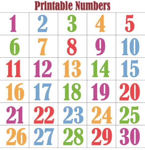 Colorful Numbers 1 30 Printable
